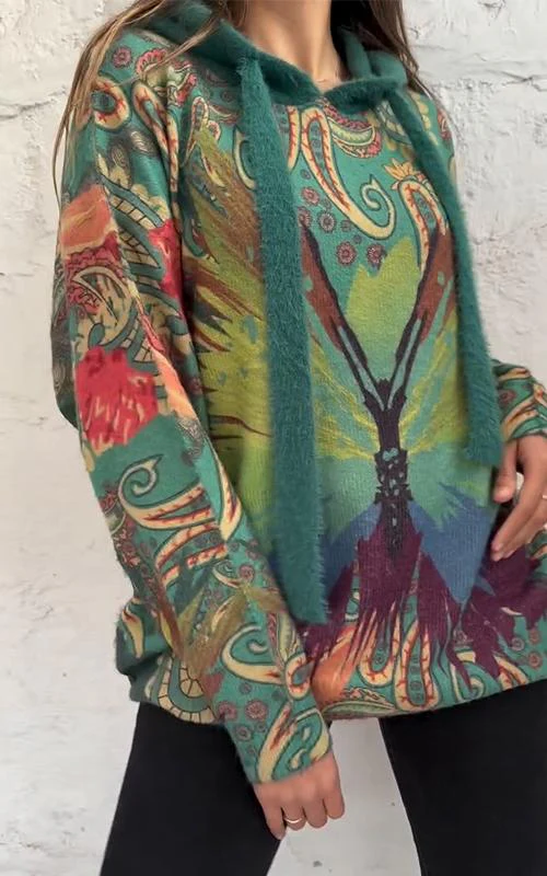Women's Hooded Contrasting Print Sweater Jacket
